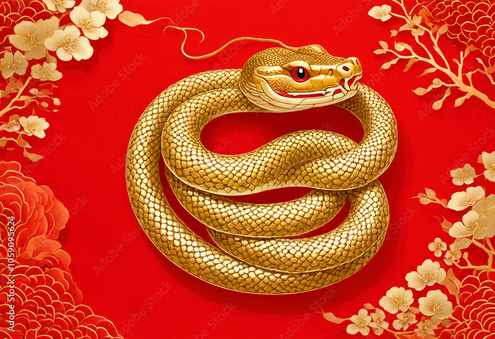 Golden snake on red background. Chinese New Year. Golden snake on red background. Chinese New Year.
