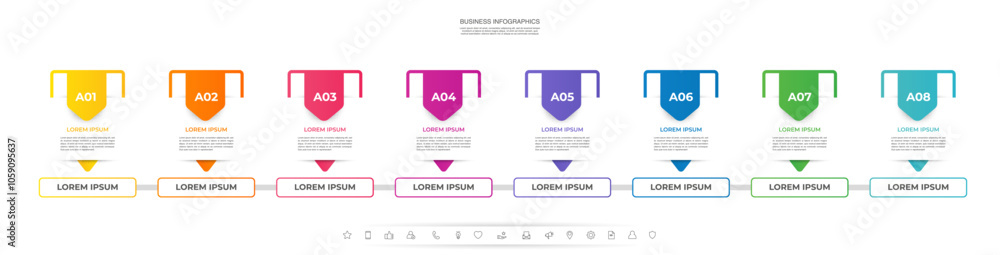 Business vector infographics. Informational table with eight arrows, steps, options. Template progress bar with 8 arrow-like elements. Clean and modern infographic design Business vector infographics. Informational table with eight arrows, steps, options. Template progress bar with 8 arrow-like elements. Clean and modern infographic design