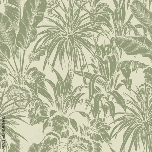 Seamless pattern with palm leaves on green background. Hand drawn vector botanical background.