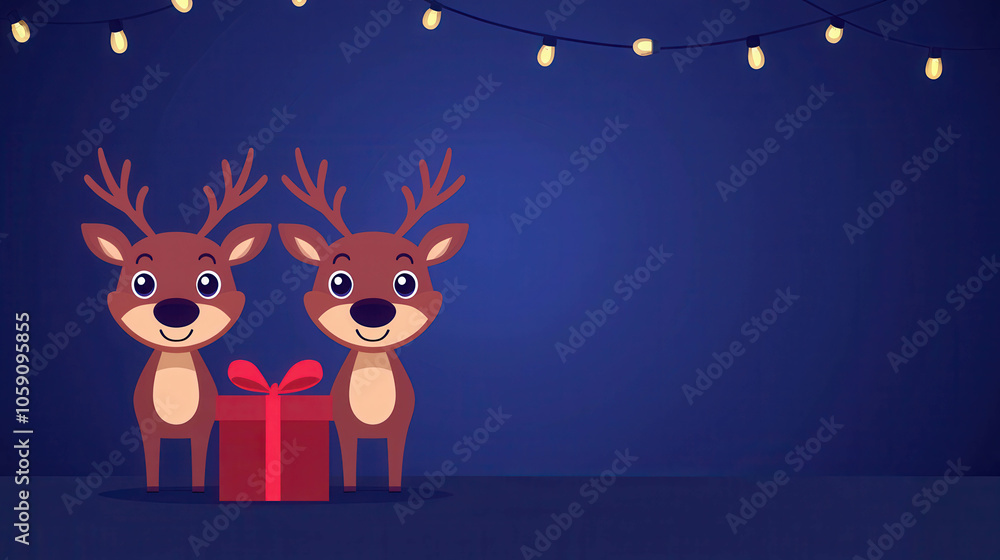 Fototapeta premium Christmas Reindeer with Gift: Festive cartoon reindeer duo stand proudly beside a large gift, under a string of warm fairy lights against a deep blue night sky. Perfect for holiday cards.