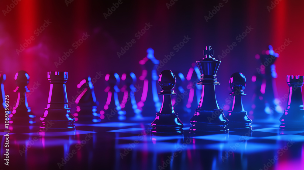 Chess game setup in a dark, smoky room with red and blue light effects Chess game setup in a dark, smoky room with red and blue light effects