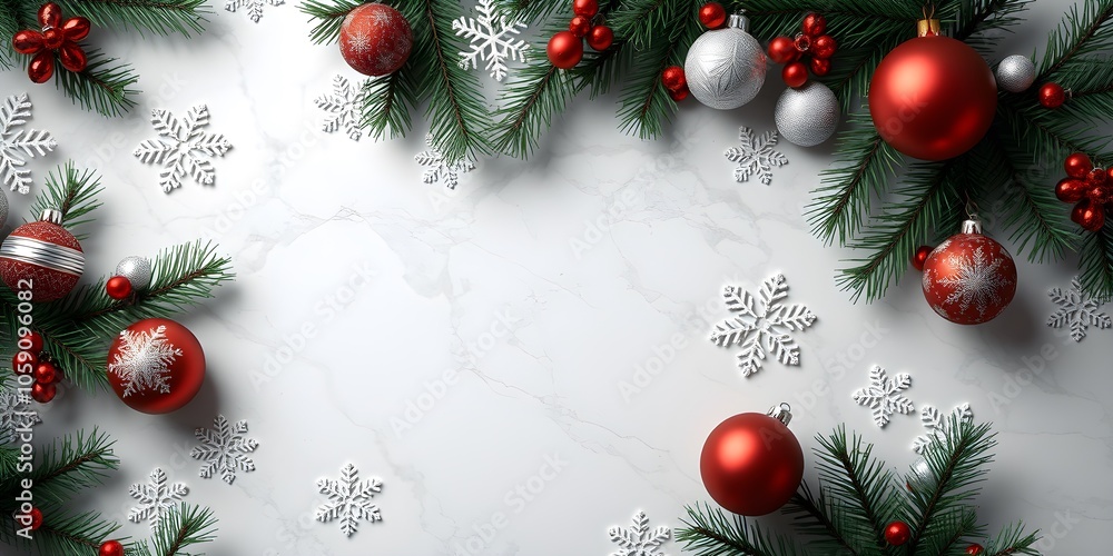 Christmas ornaments and snowflakes on marble with open center Christmas ornaments and snowflakes on marble with open center