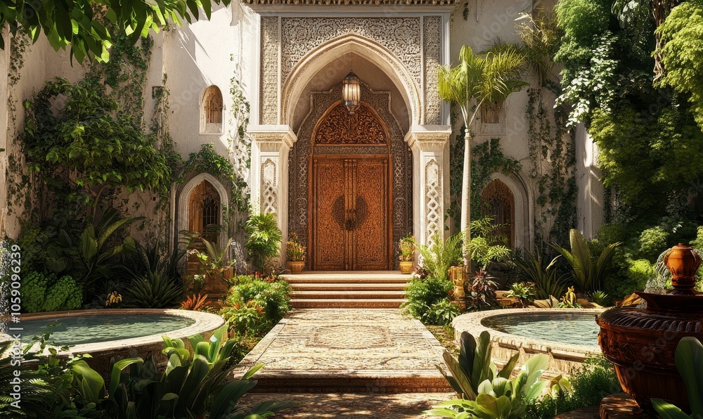 Ornate door leads to lush, tranquil courtyard. Ornate door leads to lush, tranquil courtyard.