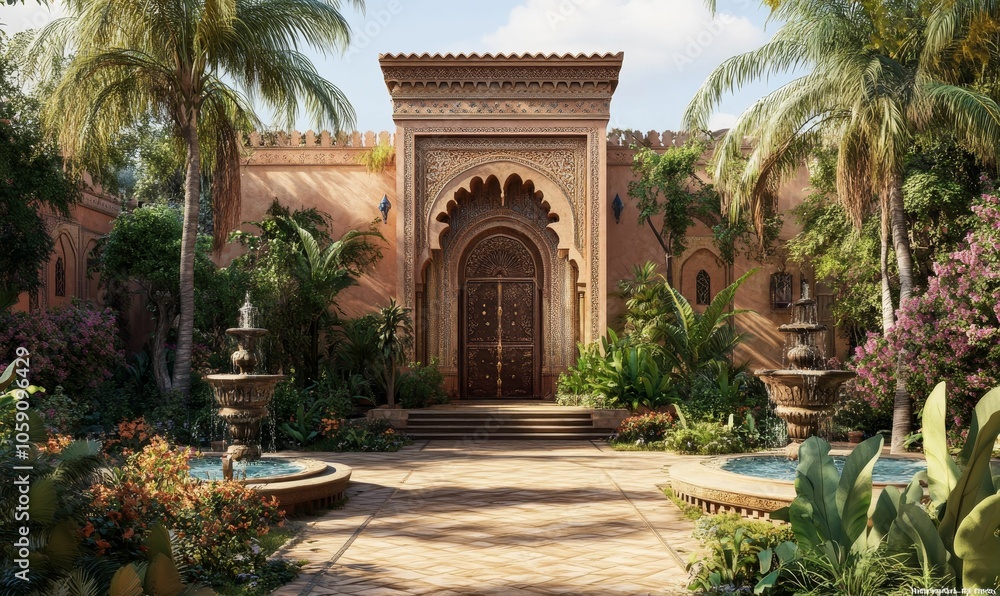 Ornate doorway, fountains, lush tropical garden. Ornate doorway, fountains, lush tropical garden.