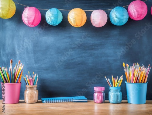 a blackboard with colored paper lanterns on it photo