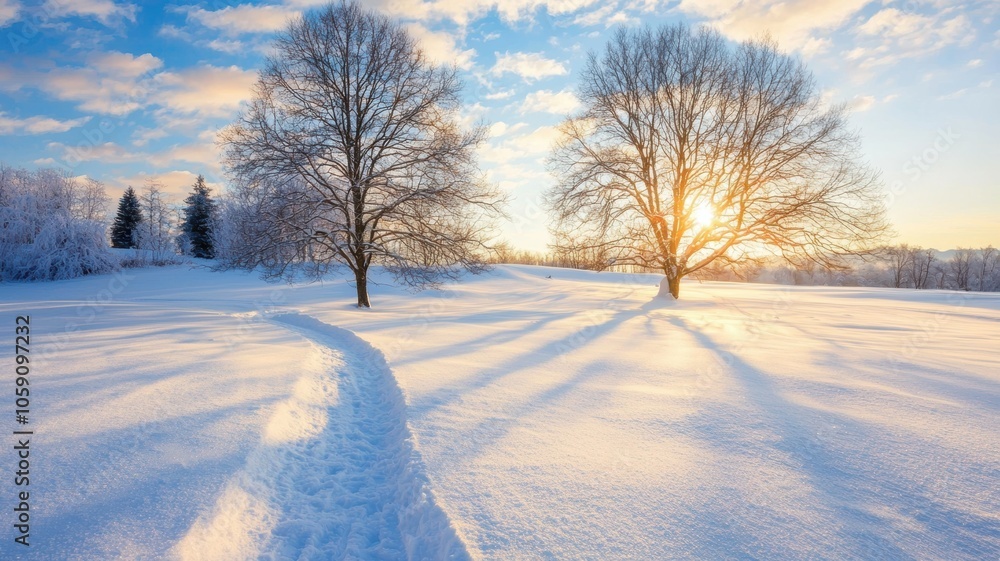 Winter Sunset Over Snow-Covered Field Winter Sunset Over Snow-Covered Field