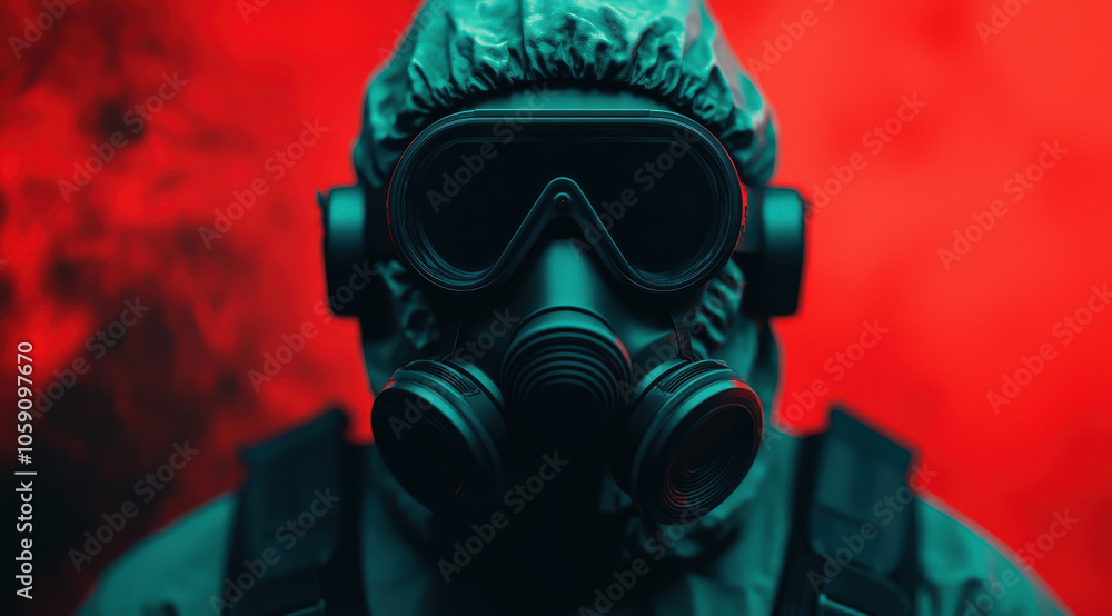 scientist in protective gear and gas mask stands against red background, conveying sense of urgency and safety in laboratory environment scientist in protective gear and gas mask stands against red background, conveying sense of urgency and safety in laboratory environment