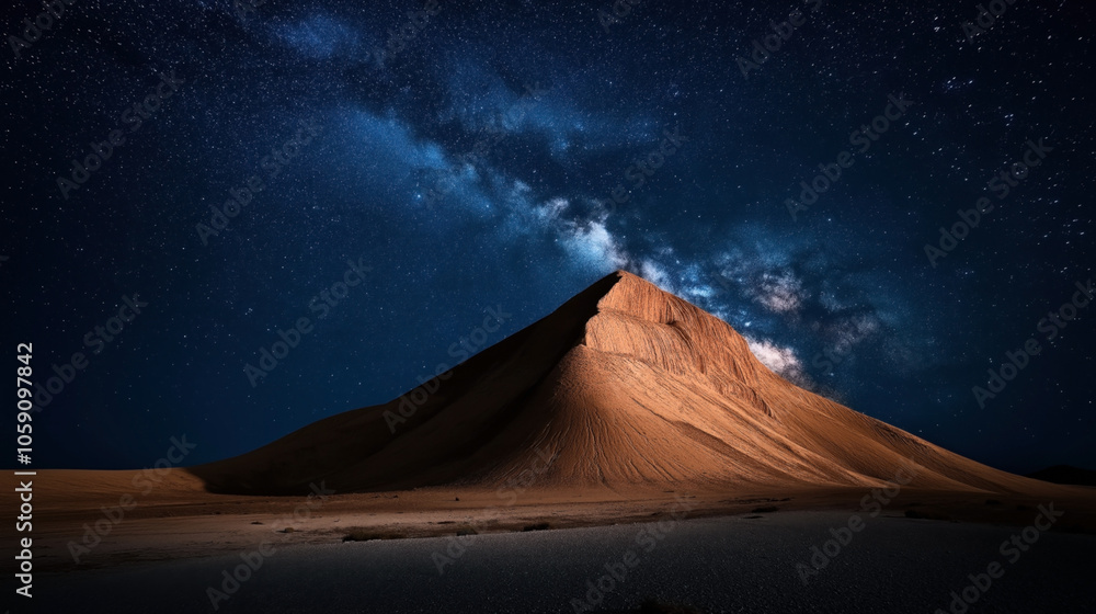 Majestic sand dune under a night sky with the Milky Way galaxy. Desert landscape with starry background creating a serene and vast atmosphere. Majestic sand dune under a night sky with the Milky Way galaxy. Desert landscape with starry background creating a serene and vast atmosphere.