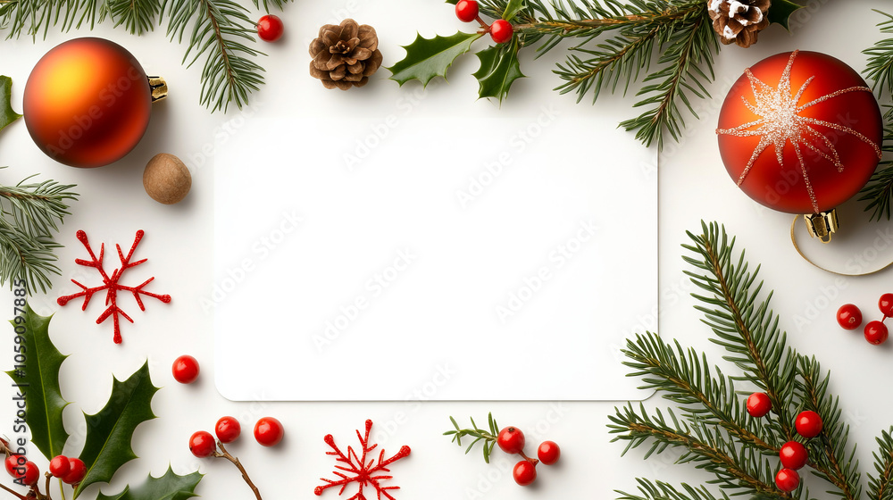 Festive holiday decorations surrounding a blank card Festive holiday decorations surrounding a blank card
