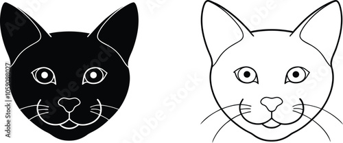 Cat Face Illustration, Black and White Outline