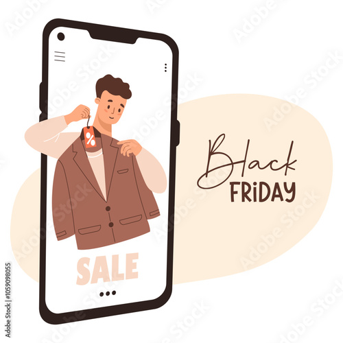 Online Shopping. Seasonal Sale. Black Friday. Man in phone tries on fashionable jacket. Holiday male shopper character. Shop in smartphone. Vector illustration in flat style