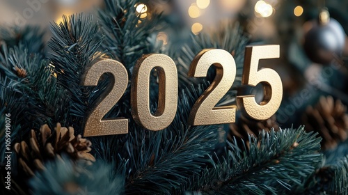 Simple "2025" in a clean, modern font set against an earth-toned New Year's backdrop, creating a warm and understated festive atmosphere.