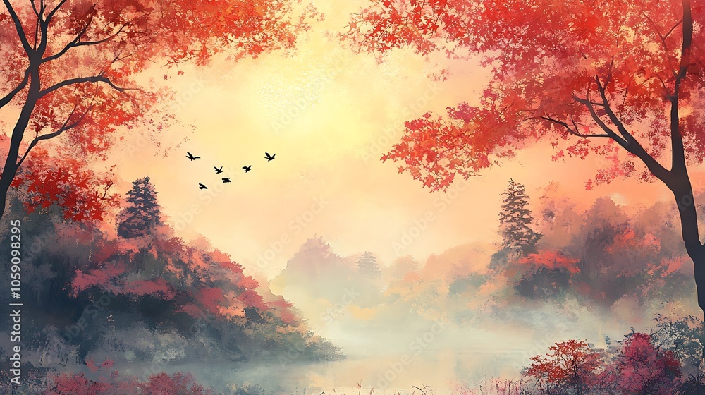 A serene autumn landscape with vibrant foliage, a misty lake, and birds flying in the sky. A serene autumn landscape with vibrant foliage, a misty lake, and birds flying in the sky.
