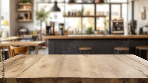 Empty Wooden Table In Cafe Smooth Blue Background with Copy Space for Advertisements