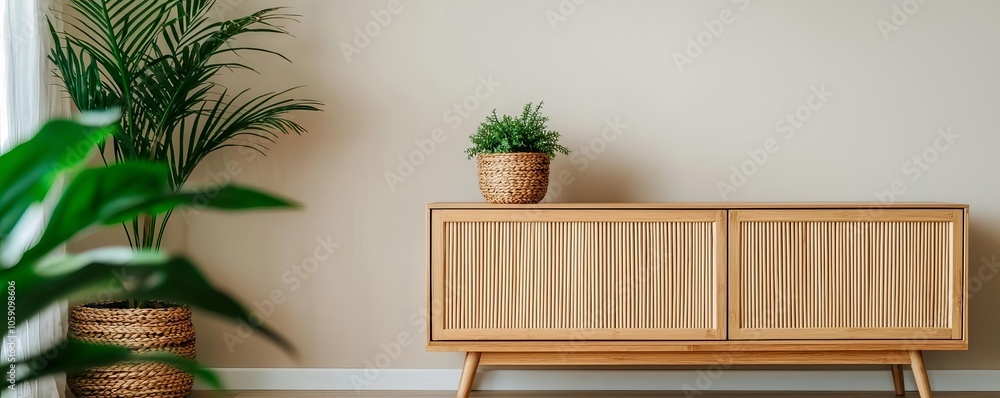 Bamboo sideboard in living room, earthy tones, plants, soft lighting, natural textures, eco-friendly decor, minimalist, inviting, relaxing ambiance Bamboo sideboard in living room, earthy tones, plants, soft lighting, natural textures, eco-friendly decor, minimalist, inviting, relaxing ambiance