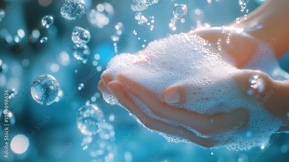 Fototapeta premium Hands cupped with soap bubbles in bright background.