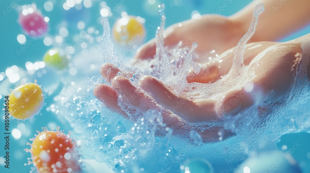 Hands splash with foam and virus-like elements. Hands splash with foam and virus-like elements.