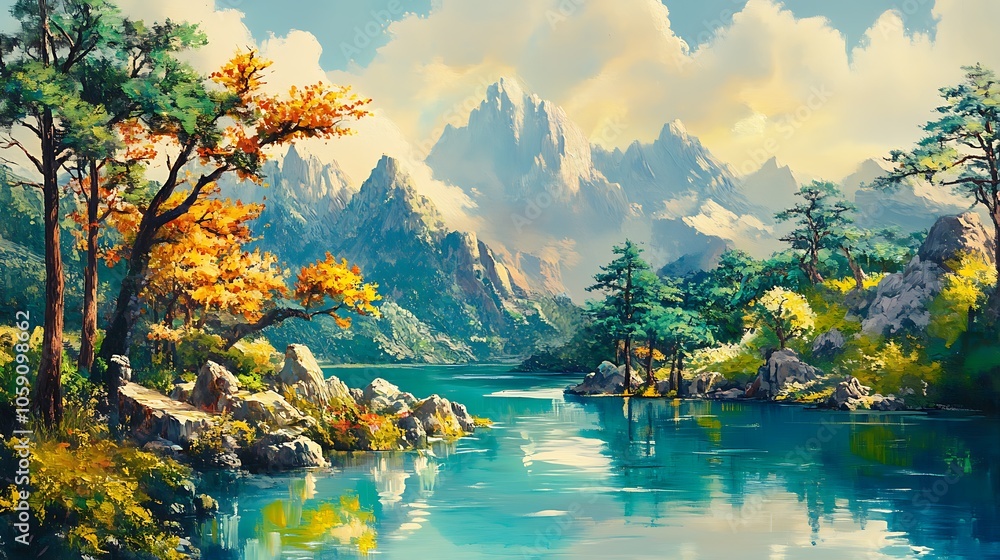 A serene landscape featuring mountains, a clear lake, and vibrant trees under a bright sky. A serene landscape featuring mountains, a clear lake, and vibrant trees under a bright sky.