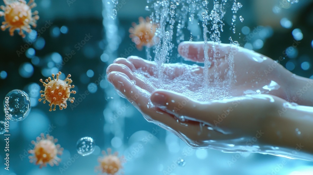 Fototapeta premium Water pouring over hands with virus models visible