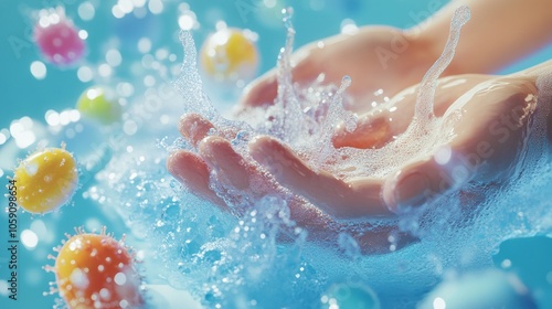 Hands splash with foam and virus-like elements.