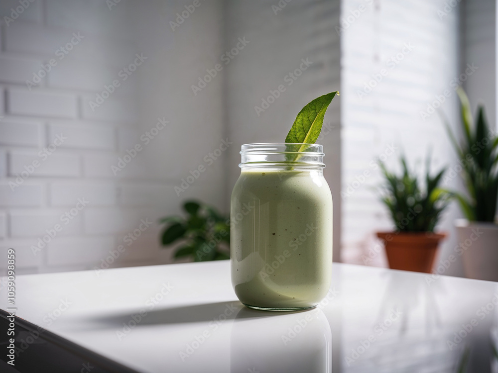 Minimalistic green smoothie in a mason jar with a fresh leaf garnish on a white tabletop, indoor plant decor in background Minimalistic green smoothie in a mason jar with a fresh leaf garnish on a white tabletop, indoor plant decor in background