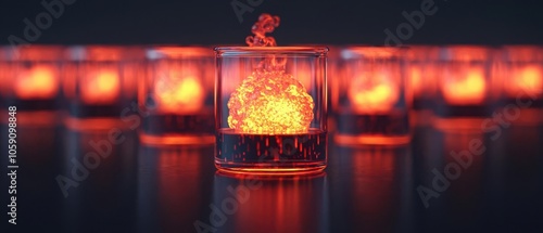 Chemical reaction in progress, liquids mixing and glowing, 3D illustration