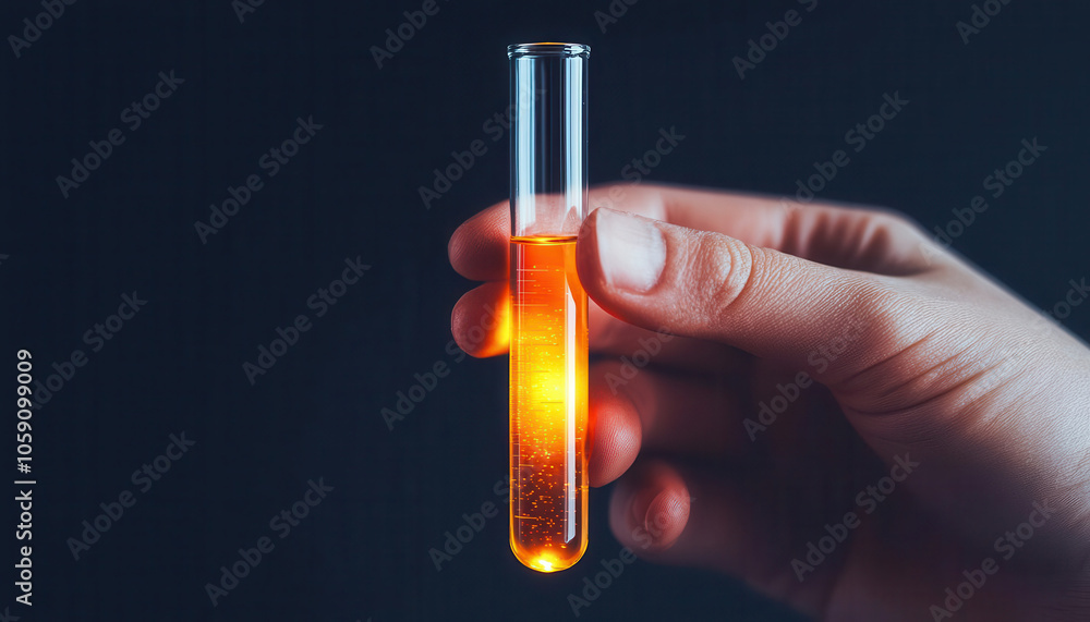 Close-up of a hand holding a test tube filled with glowing liquid, dark background, chemical testing, high contrast scientific image Close-up of a hand holding a test tube filled with glowing liquid, dark background, chemical testing, high contrast scientific image