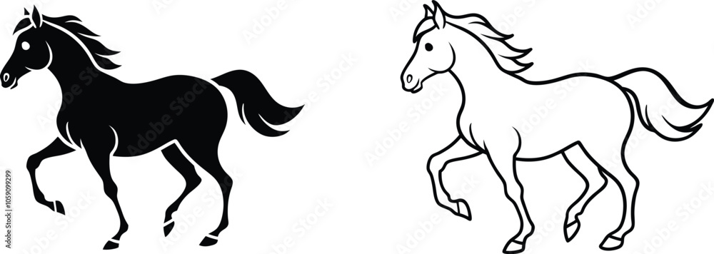 Black and White Horse Silhouettes Side by Side Black and White Horse Silhouettes Side by Side