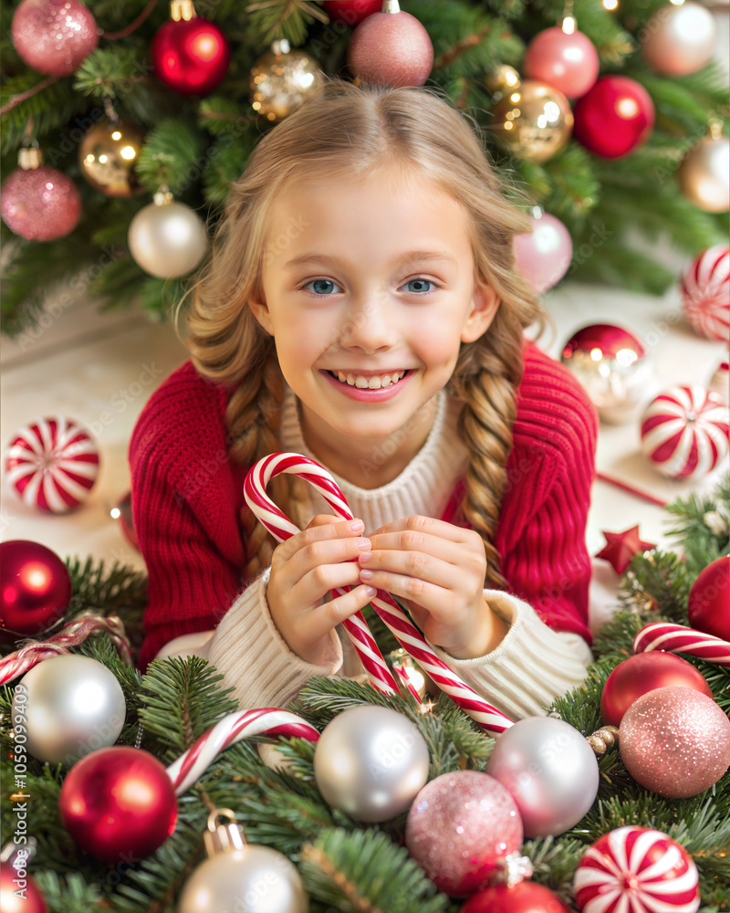 Happy little girl in Santa's hat with candy canes under Christmas tree and decorations. Ai generated
