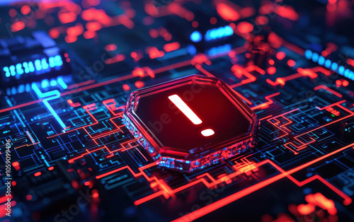 Flashing alarm icon on futuristic control panel, 3D illustration