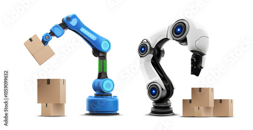 Vector illustration featuring two advanced robotic arms, one blue and one white, handling cardboard boxes. Perfect for themes of automation, industrial robotics, logistics, and modern manufacturing