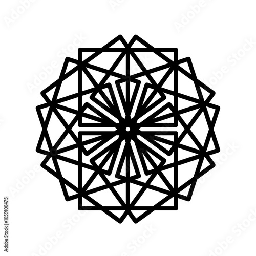 Geometric Symmetrical Pattern with Overlapping Triangles and Shapes for Decoration, Art and Meditation. Design element illustration. Black and white