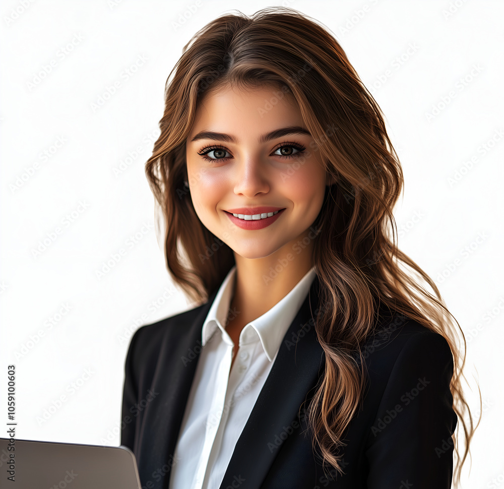 happy young business woman wearing a black suit and white shirt, holding a laptop, isolated on a white background happy young business woman wearing a black suit and white shirt, holding a laptop, isolated on a white background