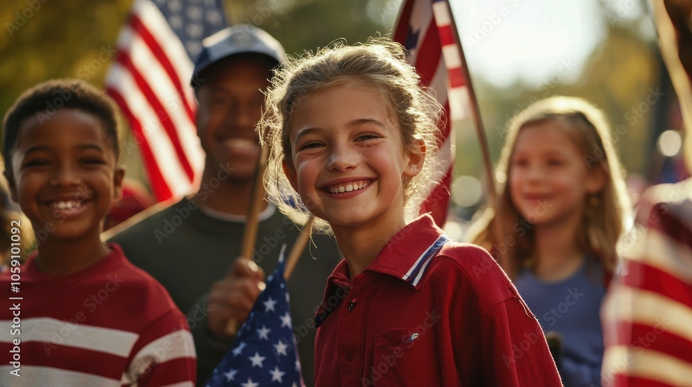 Ten family members gathered at a Veterans Day parade, holding flags and wearing red, white, and blue clothing, with excitement and pride on their faces as veterans march by Ten family members gathered at a Veterans Day parade, holding flags and wearing red, white, and blue clothing, with excitement and pride on their faces as veterans march by