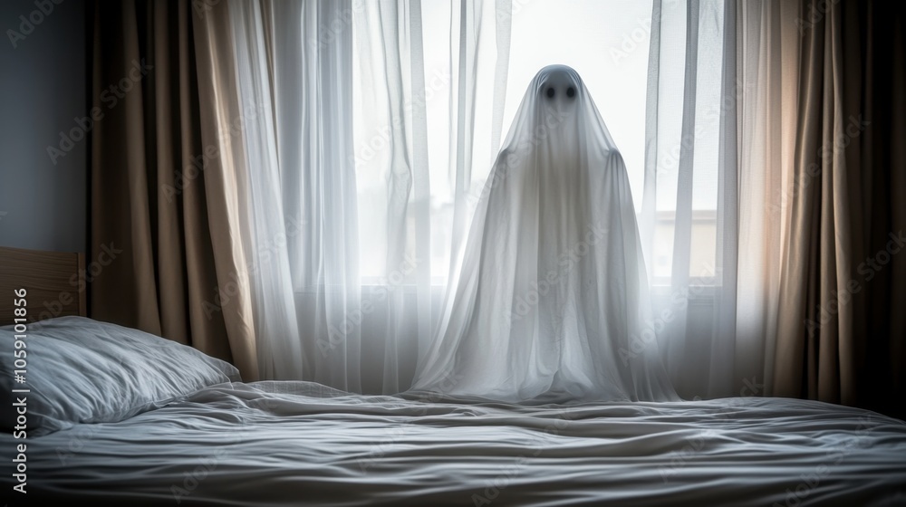 Mysterious Figure in Window Shrouded by Curtains Mysterious Figure in Window Shrouded by Curtains