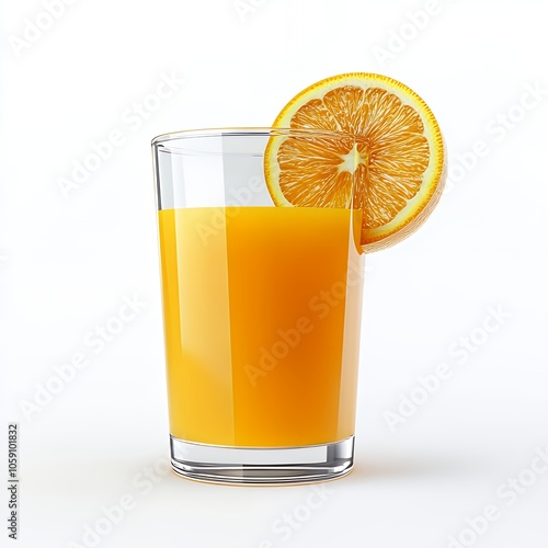 A glass of orange juice with a slice of orange on the rim.