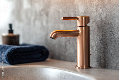 Featuring a close-up view, this shot highlights a stylish faucet against rough concrete walls, embodying an urban minimalist aesthetic with its grey tones. The faucet’s copper finish introduces warmth photo