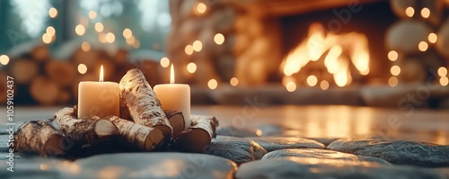 Cozy Cabin Fireplace with Candlelight, Warm and Intimate Evening Ambiance Enjoy the Soft Glow of the Fire and Relax in a Tranquil Setting Perfect for Winter Holidays, Romantic Getaways, or Simply