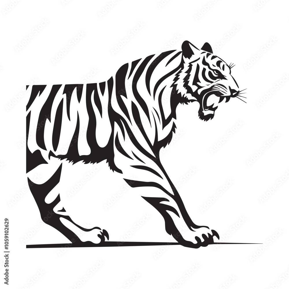 Obraz premium Roar tiger black ink silhouette closeup on white background