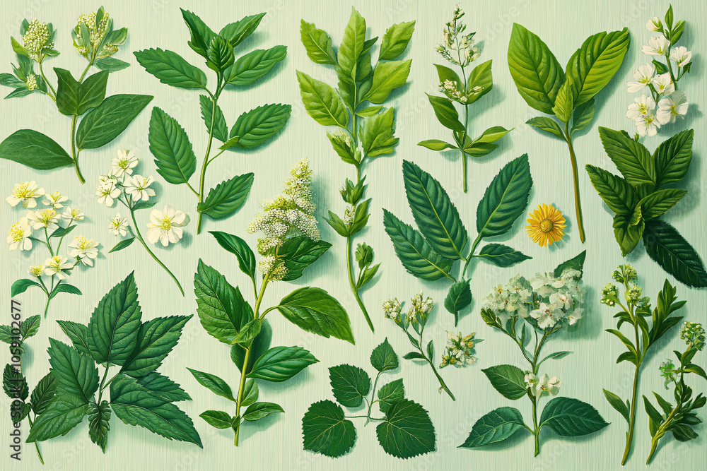 green plants and herbs, botanical elements green plants and herbs, botanical elements