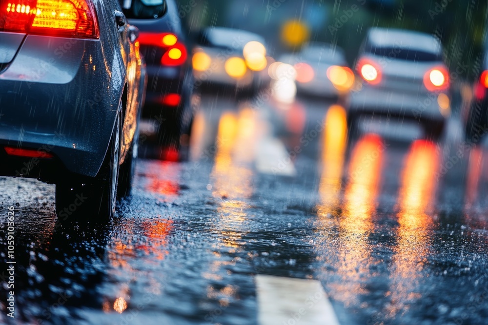 Rain soaked road with cars caught in a traffic jam reflections of headlights on wet pavement. Rain soaked road with cars caught in a traffic jam reflections of headlights on wet pavement.