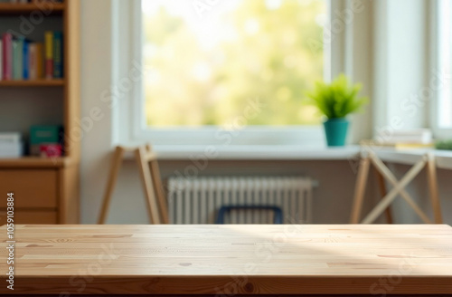 Blank Wooden children work home table , empty wood desk tabletop, school surface product display mockup on blurry bright children`s room backdrop, for advertising presentation.