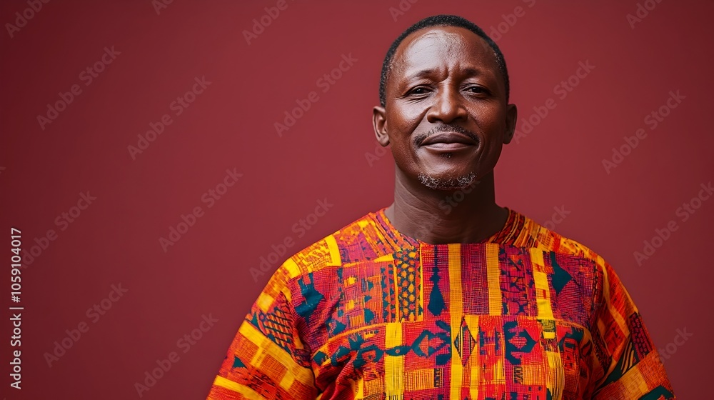 Full body portrait of a confident and cheerful middle aged Kenyan man dressed in a vibrant traditional Kente cloth outfit against a plain crimson background leaving ample copy space above the subject Full body portrait of a confident and cheerful middle aged Kenyan man dressed in a vibrant traditional Kente cloth outfit against a plain crimson background leaving ample copy space above the subject