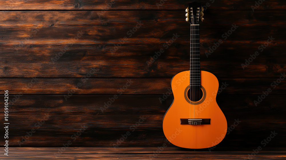 Obraz premium A guitar is sitting on a wooden surface. The guitar is orange and has a black pick. The background is a wooden surface with a brown color