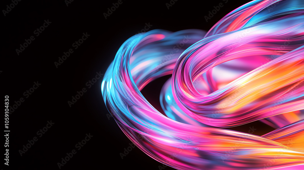 Twisted glass helix with intricate reflections, bathed in neon colors of pink, blue, and warm orange, abstract digital design against a black background, emphasizing transparency Twisted glass helix with intricate reflections, bathed in neon colors of pink, blue, and warm orange, abstract digital design against a black background, emphasizing transparency