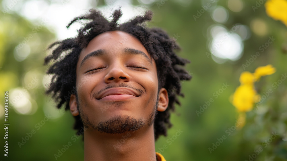 Person smiling with closed eyes while surrounded by nature, like trees or flowers, capturing a peaceful, content expression Person smiling with closed eyes while surrounded by nature, like trees or flowers, capturing a peaceful, content expression