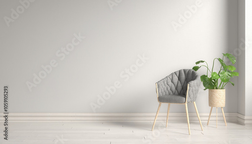 Fototapeta Naklejka Na Ścianę i Meble -  3d rendering of a mock-up with a bright wall, a chair and a plant in Scandinavian style - placeholder - interior.