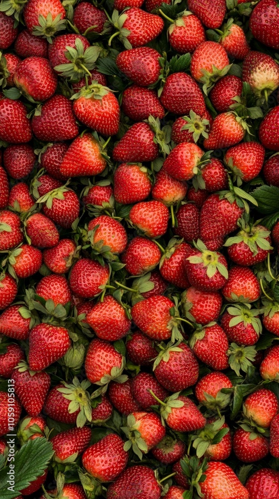 Vibrant red strawberries fill the frame, showcasing their luscious, ripe texture and glossy surface. Green leaves peek through, adding a fresh contrast to the juicy fruit. Vibrant red strawberries fill the frame, showcasing their luscious, ripe texture and glossy surface. Green leaves peek through, adding a fresh contrast to the juicy fruit.
