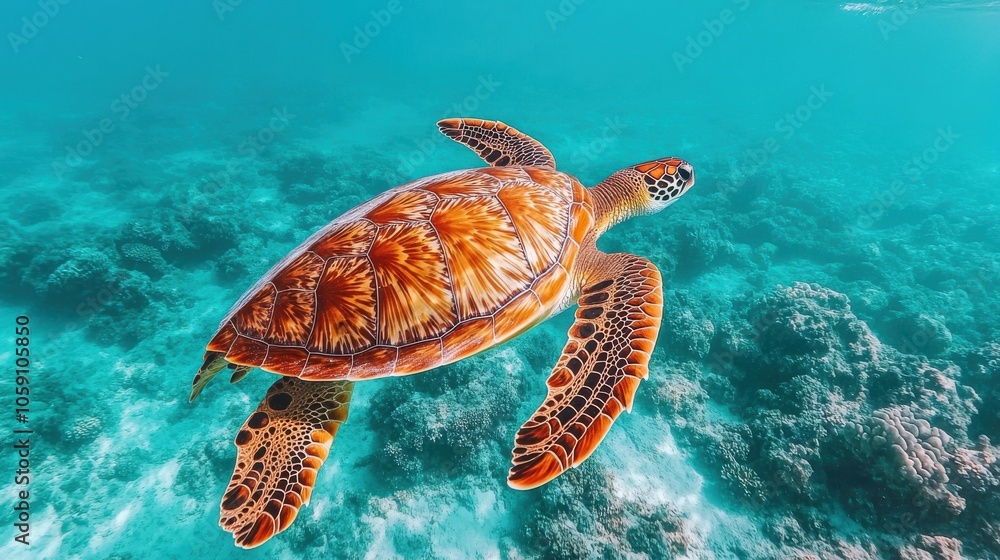 Fototapeta premium Diver Gliding with Giant Sea Turtle in Clear Waters