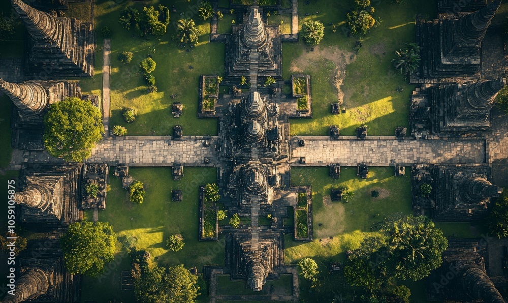 Obraz premium Aerial view of ancient temple complex.